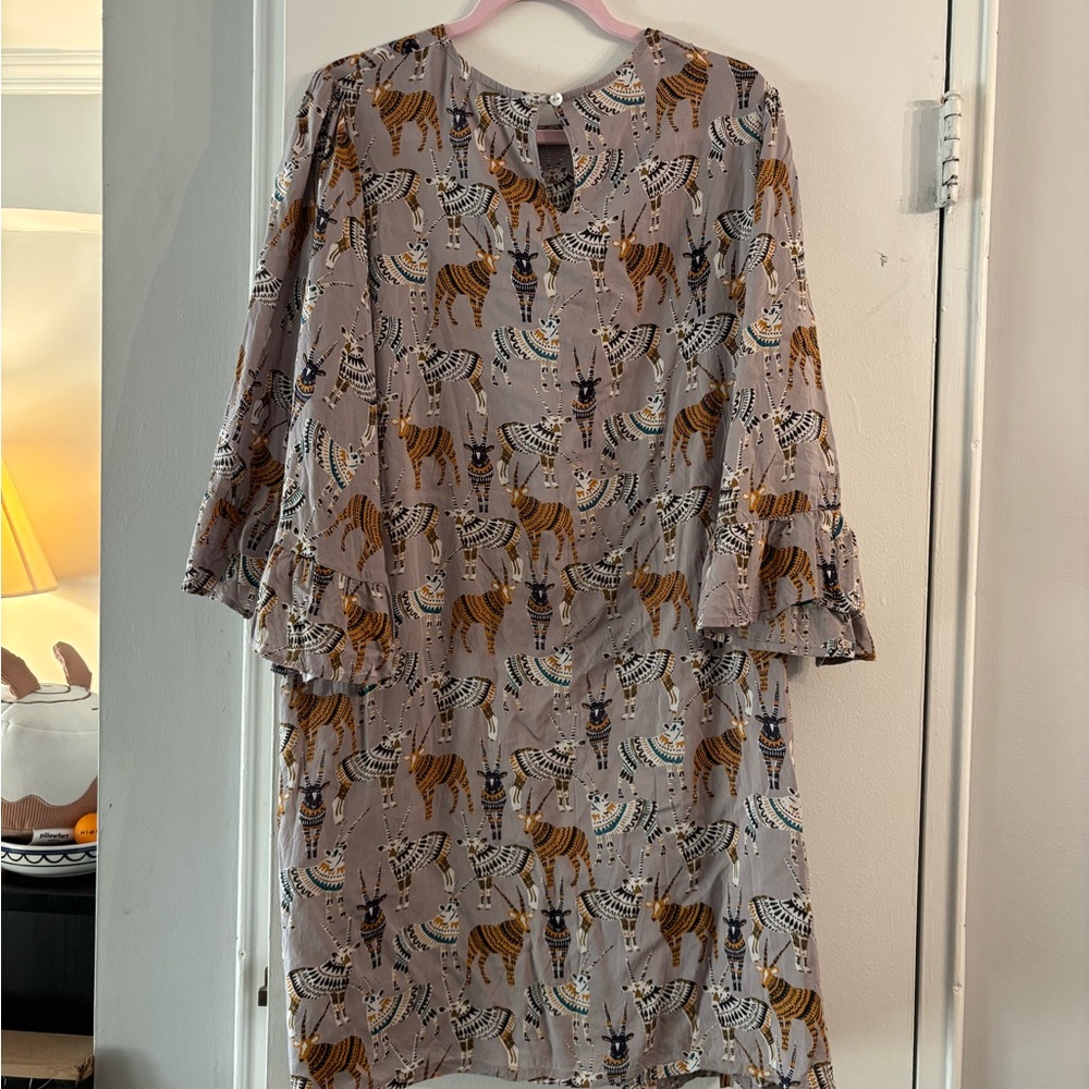 World Market African Safari Print Bell Sleeve Shift Dress modal Boho l/xl - Picture 2 of 4